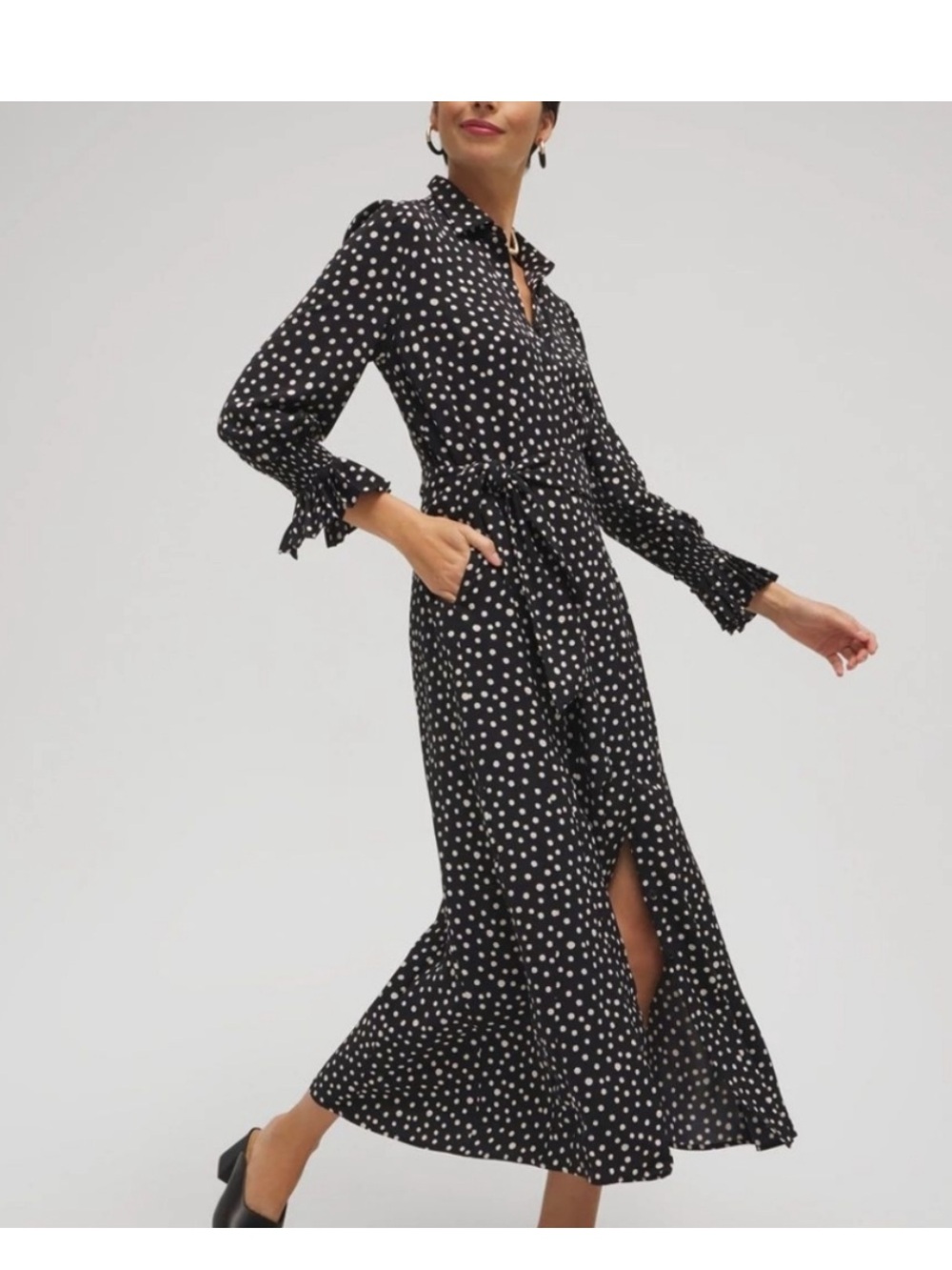 Chico’s Black White Polka Dot Wrap Midi Dress Size 4